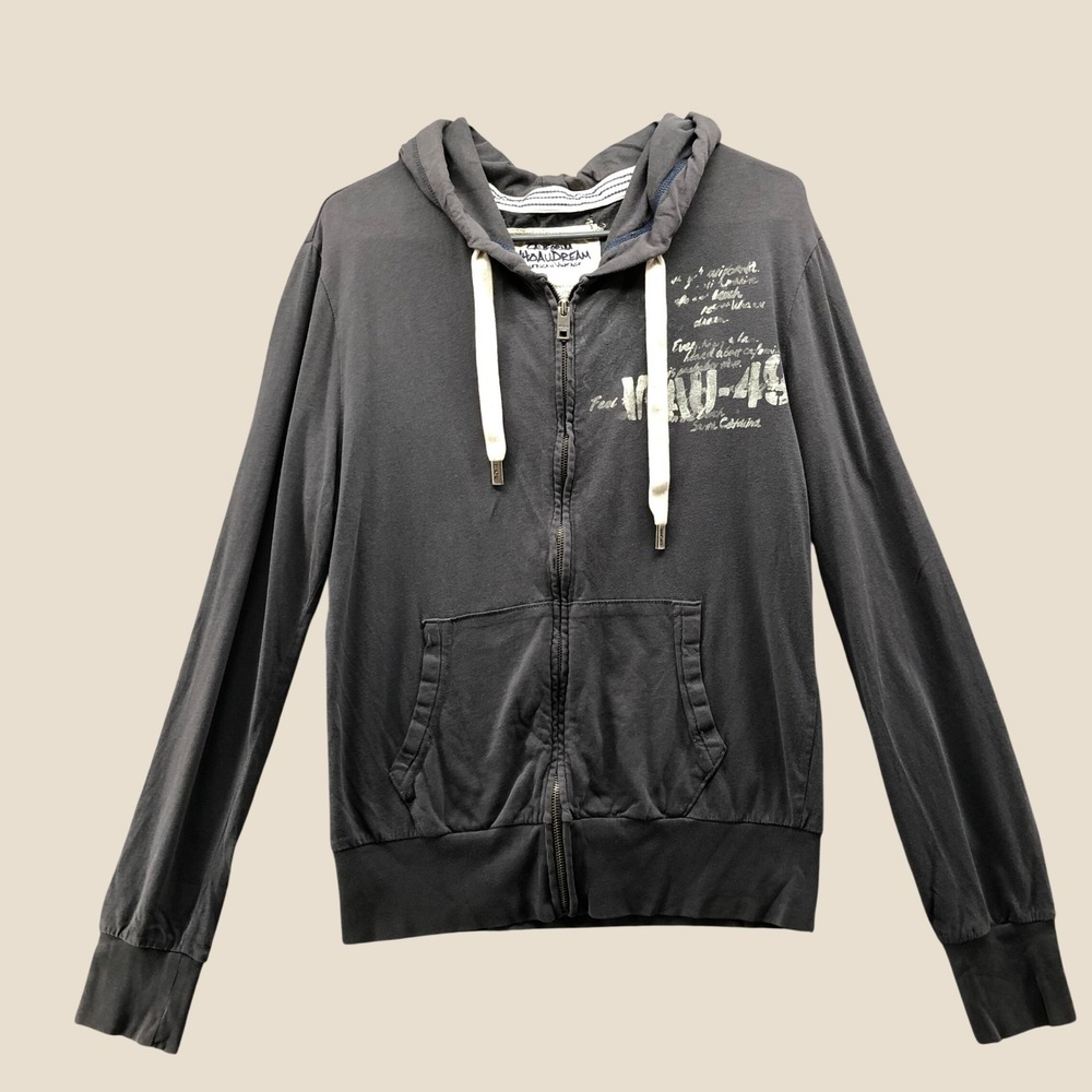 Vintage Y2K Who.A.U Distressed Graphic Zip Up Hoodie Mens Small Faded Charcoal